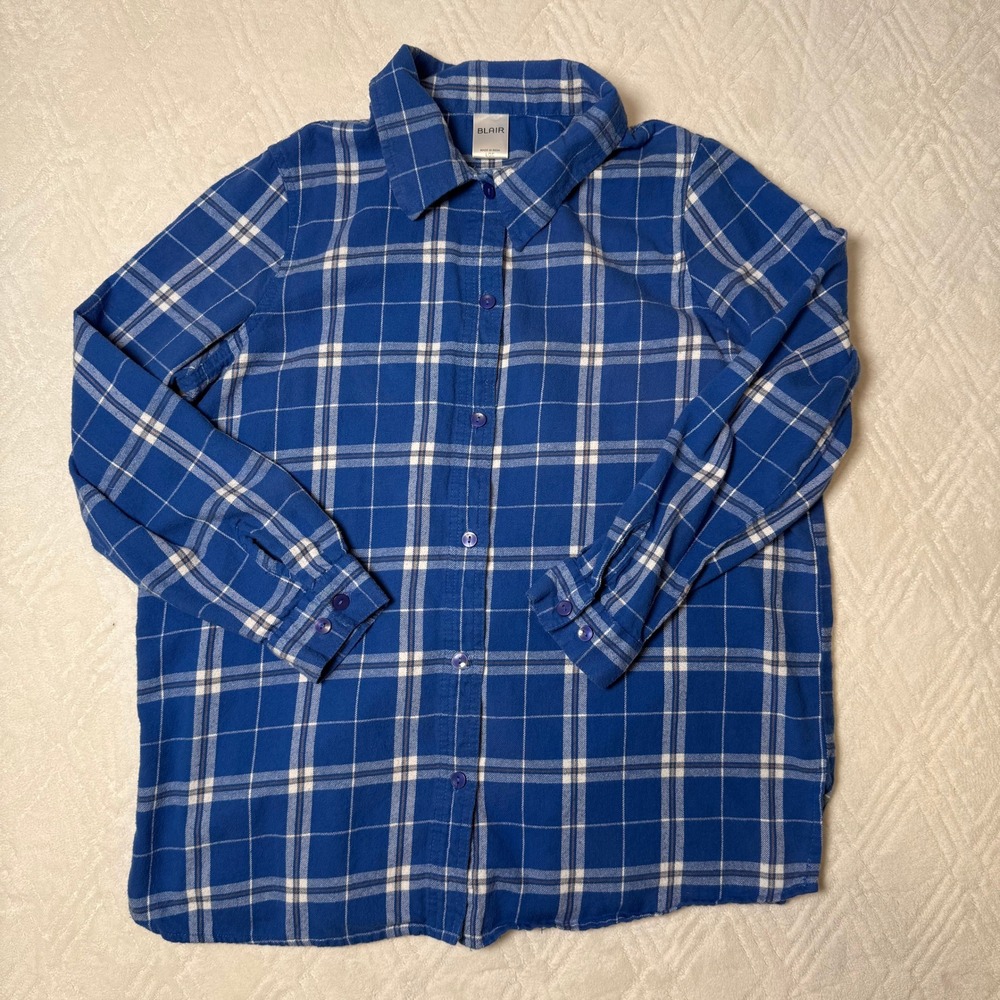 Plaid Flannel Blair Women's Large Blue White 100% Cotton Button Up Shirt